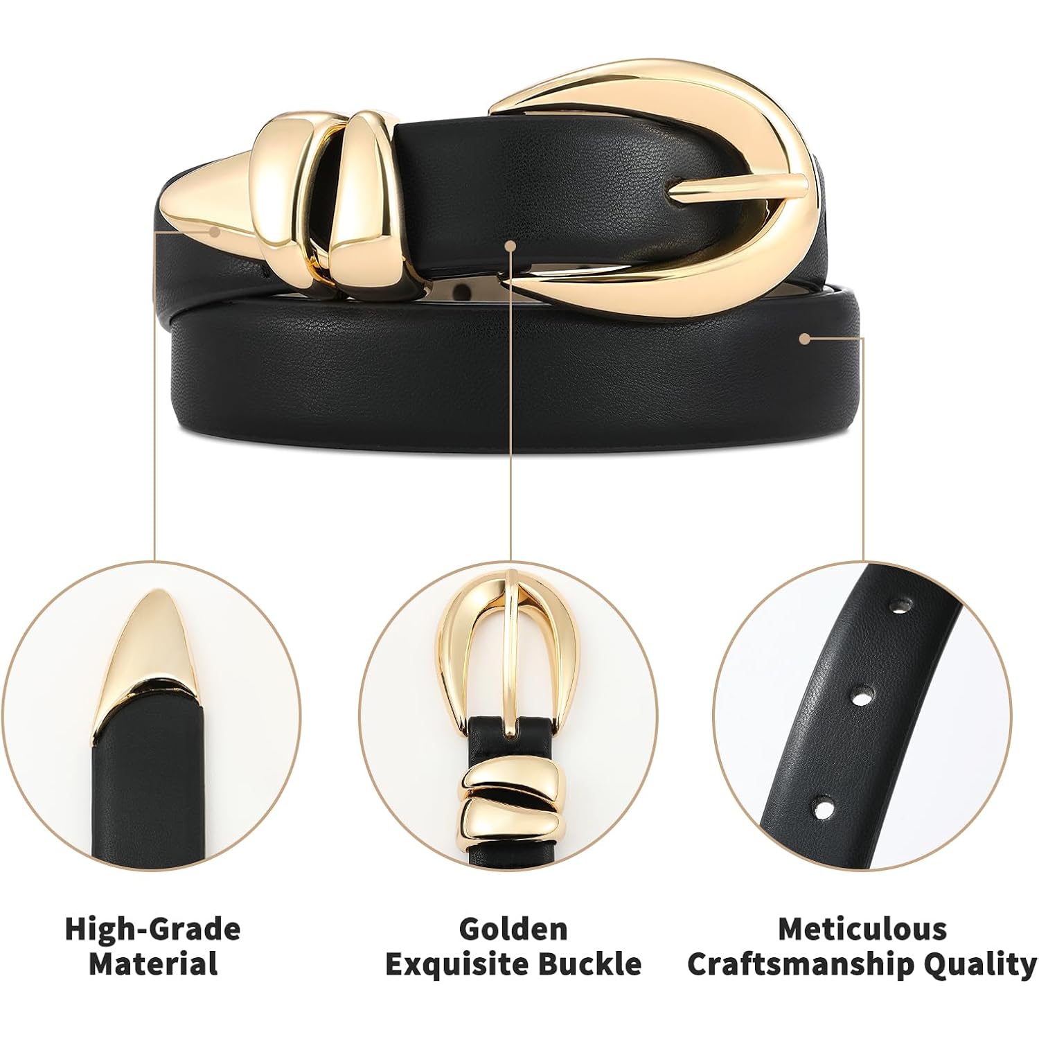 RISANTRY Leather Belt for Women Stylish Design with Gold Buckle Ladies Black Belt Perfect for Jeans Dresses