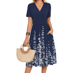 Womens Summer Casual Dresses Short Sleeve Midi Warp V-Neck Floral Dress with Pockets Tiered Flowy A Line Sundress