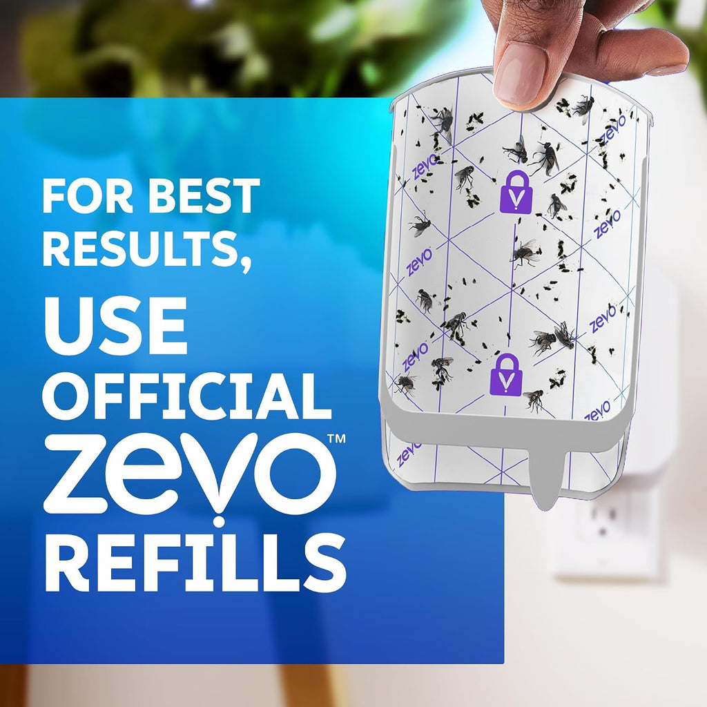 Zevo Flying Insect Trap - Plug-In Indoor Fly Trap And Bug Light Trap Refill With Blue And Uv Light - No-Mess Cartridge For House Flies, Fruit Fly Trap And Gnats (1 Plug-In Base And 1 Cartridge)