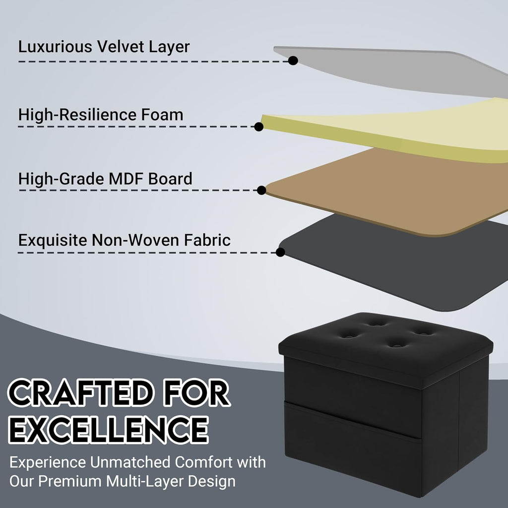 Zoes Homeware Small Storage Ottoman Foot Rest, Velvet Ottoman With Storage And Side Pocket, Black Foot Rest For Couch, Foldable Footstool For Chair, Living Room&Dorm, 16"X12"X12"