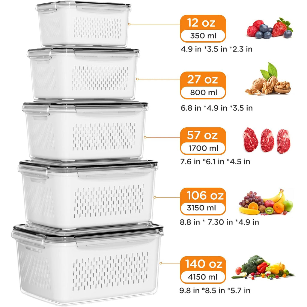 5-Pack Fruit Storage Containers for Fridge with Removable Colanders, 4 in 1 Produce Storage Containers with Lids, Leakproof Fridge Organizer Bins for Salad Berry Lettuce Vegetables Meat Keeper Fresh