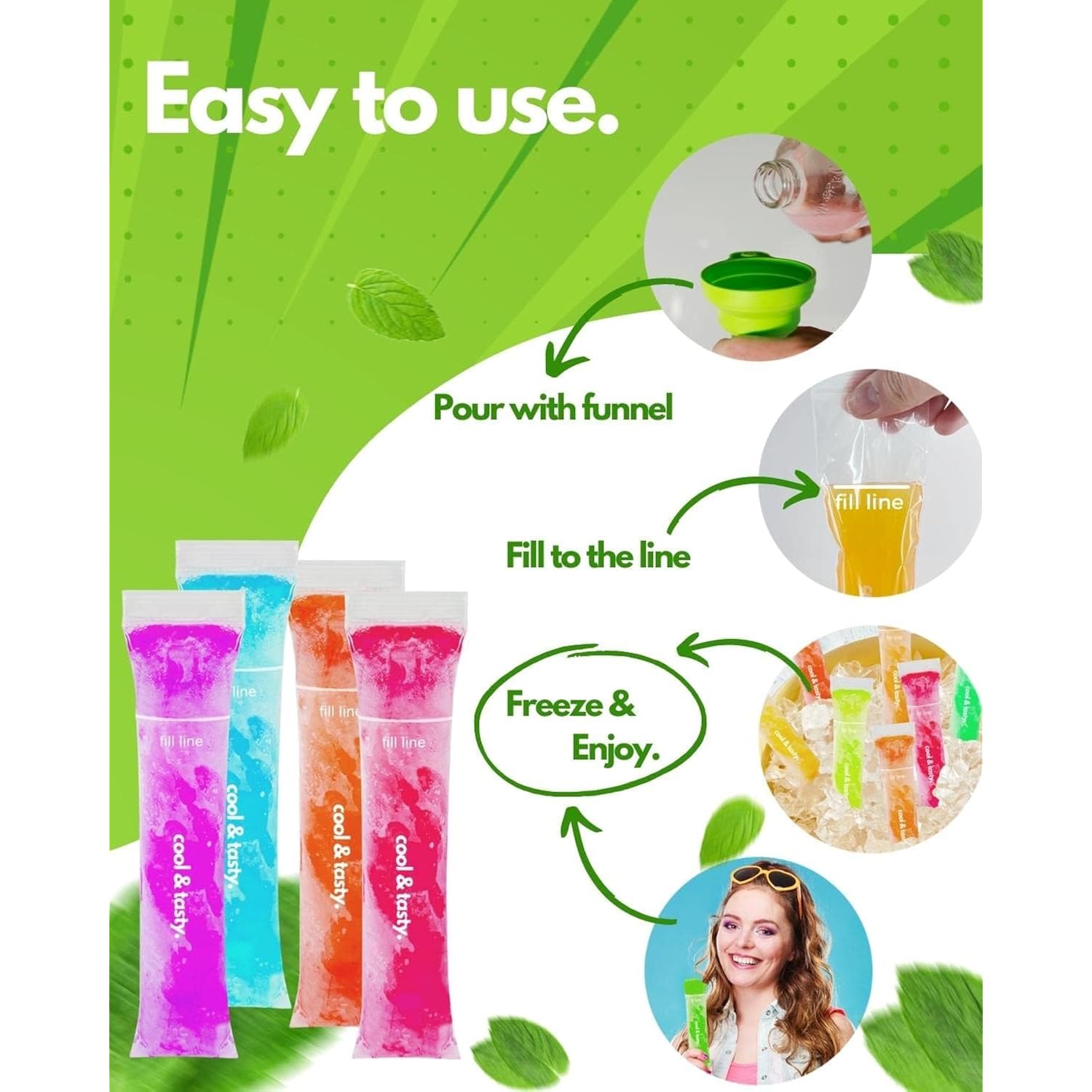 Ansmio 150 Disposable Popsicle Mold Bags With Zip Seals, 8X2" Freezer Tubes For Diy Ice Pops, Yogurt, Juice & Fruit Smoothies - Includes Funnel, Bpa-Free, Ice Pop Molds