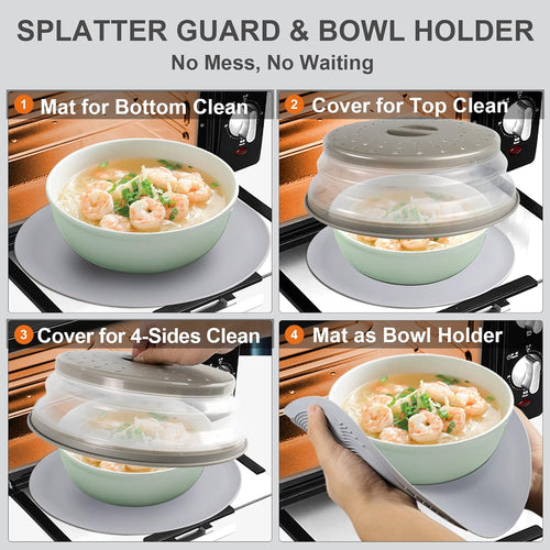 2 In 1, Aidacom Microwave Splatter Cover For Food & Silicone Microwave Mat, Mat As Bowl Holder, Trivet, Pot Holders, Drying, Baking, Utensils Rest For Kitchen Counter, Dishwasher Safe, Grey