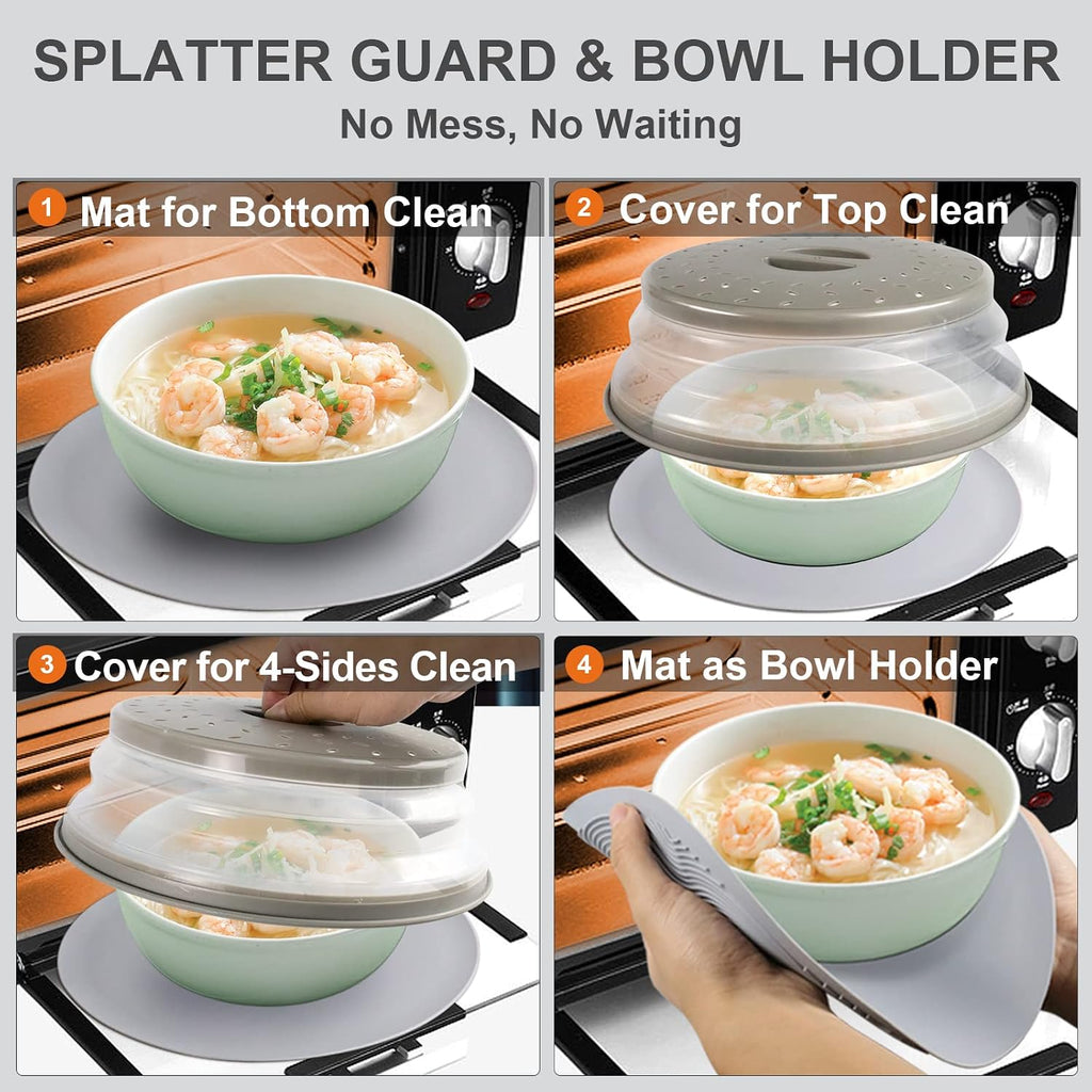 2 In 1, Aidacom Microwave Splatter Cover For Food & Silicone Microwave Mat, Mat As Bowl Holder, Trivet, Pot Holders, Drying, Baking, Utensils Rest For Kitchen Counter, Dishwasher Safe, Grey