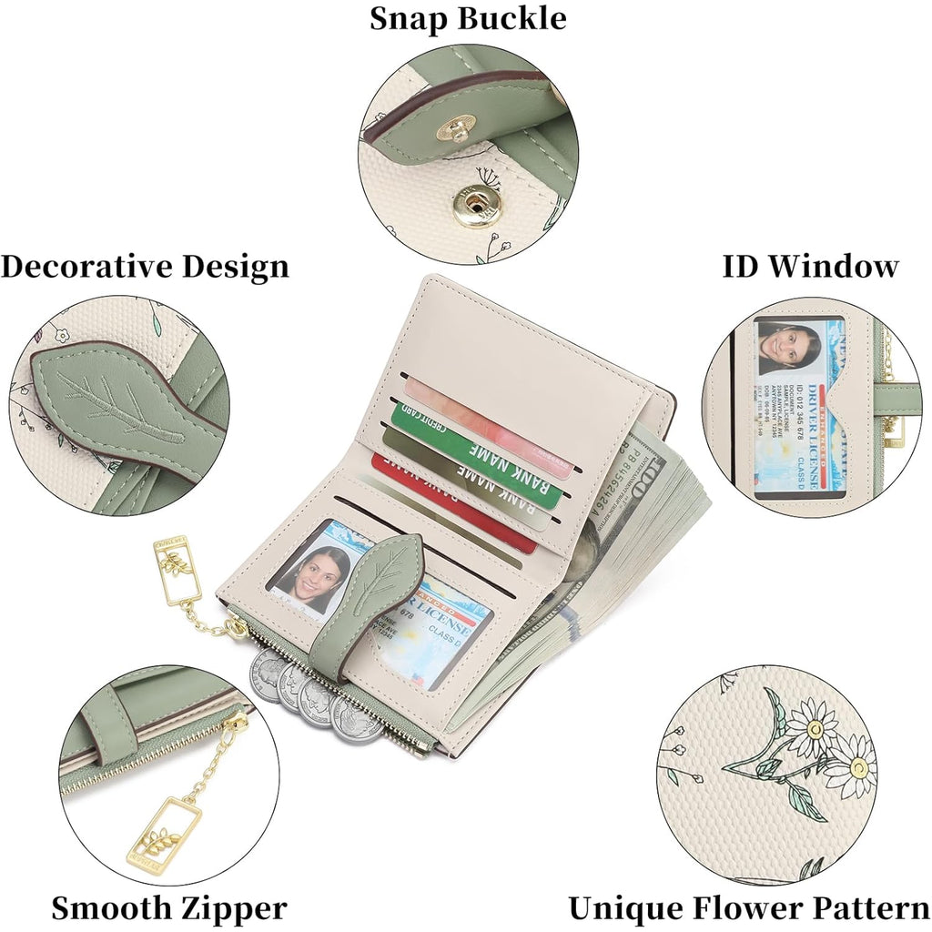 GAEKEAO Small Wallets for Women RFID Blocking Bifold Floral Vegan Leather Wallet Card Holder with Zipper Pocket ID Window