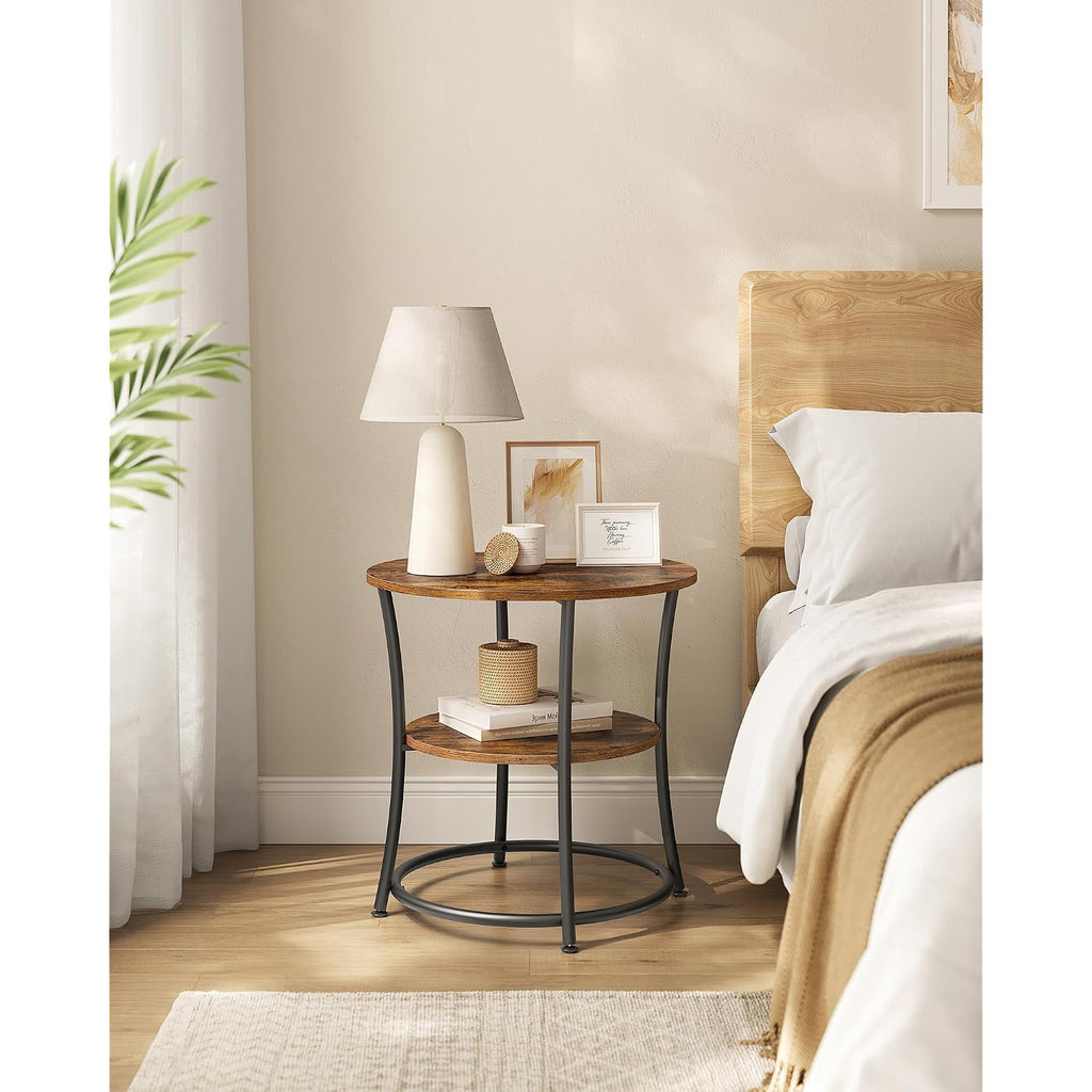 Vasagle 21.7-Inch Round Side Table, 2-Tier End Table | Nightstand With Steel Frame, Spacious Top, For Small Spaces, Living Room, Bedroom, Rustic Brown And Ink Black Ulet56Bx