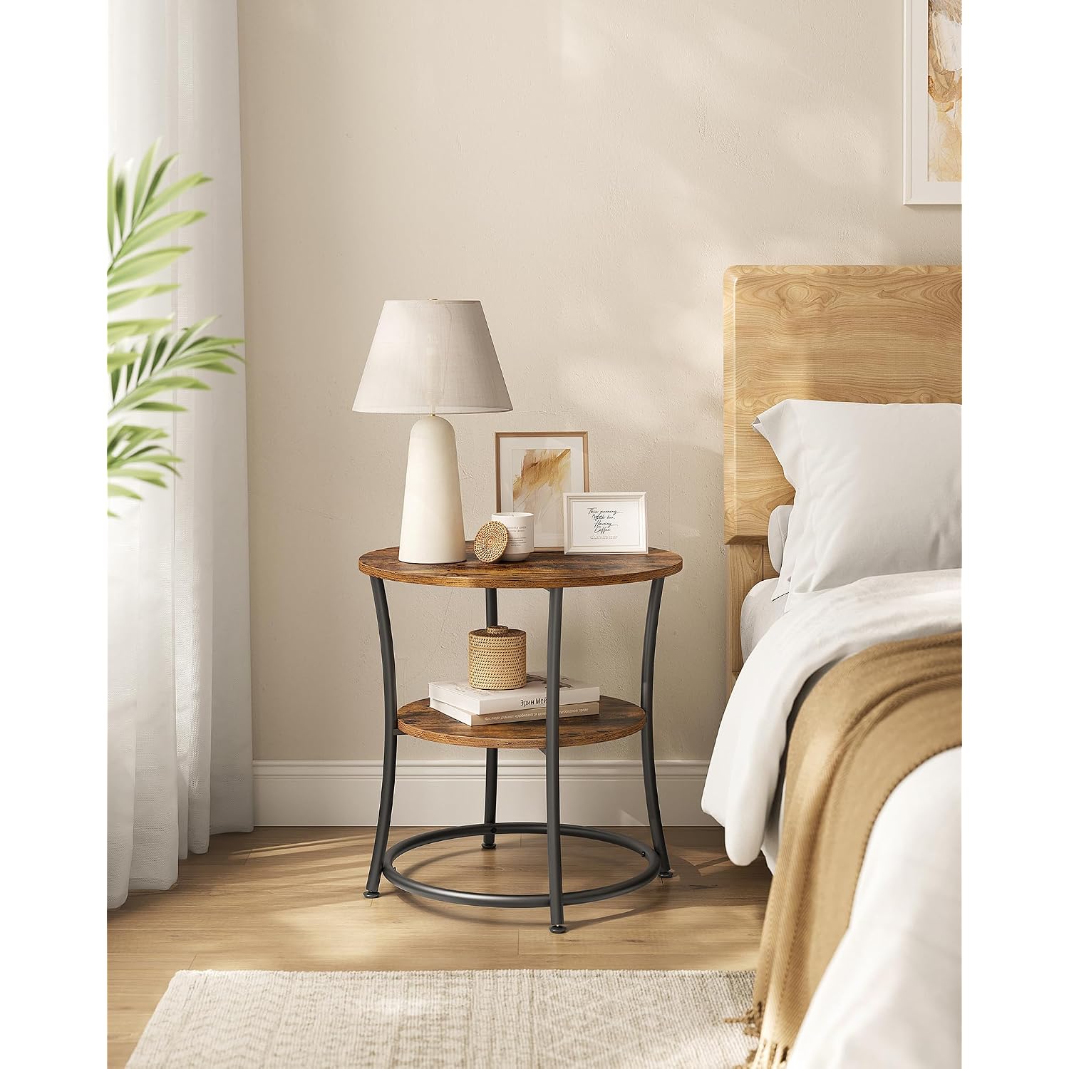 Vasagle 21.7-Inch Round Side Table, 2-Tier End Table | Nightstand With Steel Frame, Spacious Top, For Small Spaces, Living Room, Bedroom, Rustic Brown And Ink Black Ulet56Bx