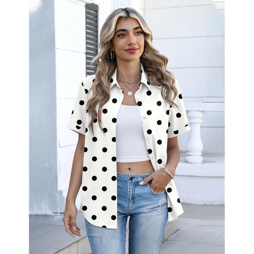 Zeagoo Button Down Shirts For Women Short Sleeve Collared Tops Dressy Casual V Neck Blouses