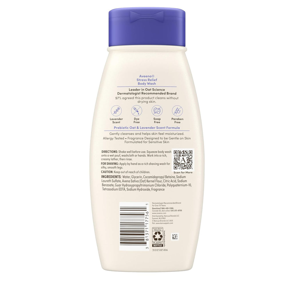 Aveeno Stress Relief Body Wash With Nourishing Oat & Lavender Scent For Sensitive Skin, Gently Cleanses & Helps You Feel Calm & Relaxed In The Shower, Soap-Free, 18 Fl. Oz