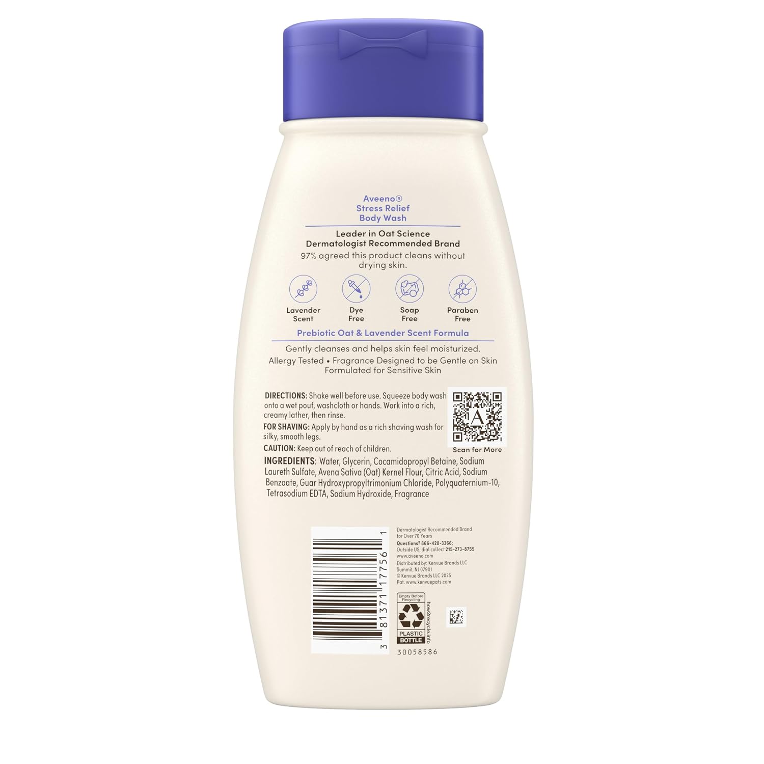 Aveeno Stress Relief Body Wash With Nourishing Oat & Lavender Scent For Sensitive Skin, Gently Cleanses & Helps You Feel Calm & Relaxed In The Shower, Soap-Free, 18 Fl. Oz