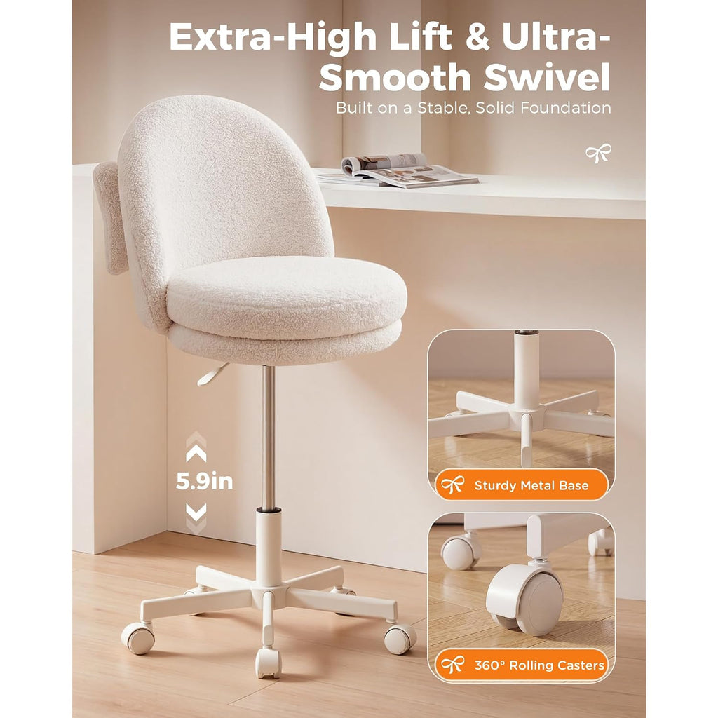 Gtplayer Velvet Tall Office Chair With Wheels Vanity Chairs With Back, Versatile Height Use: Office To Bar Stools Small Ergonomic Comfy Armlees Computer Desk Chair With Bow Lumbar Pillow For Gift