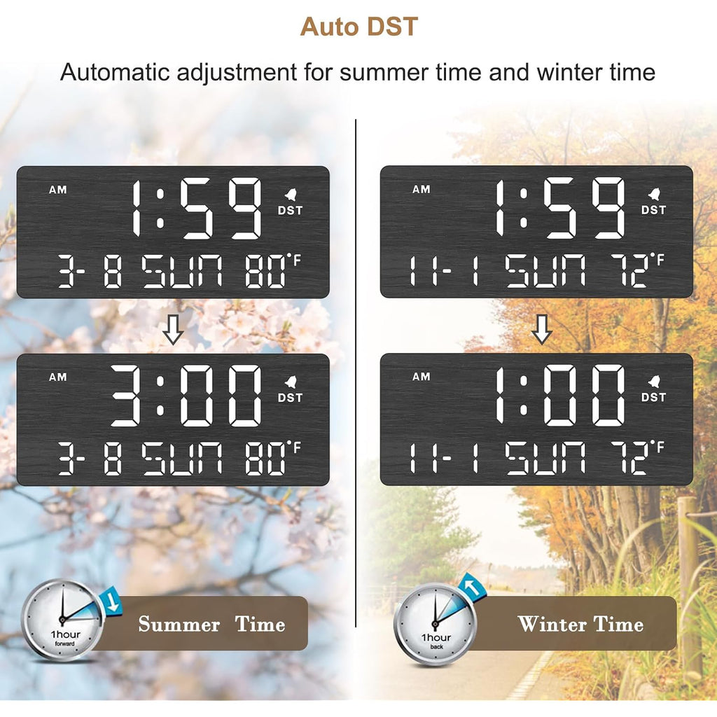 Dreamsky Wooden Digital Alarm Clocks For Bedrooms With Date & Day Of Week | Living Room Desk Clock, Temperature, Usb Port, Dimmer Wheel, Adjustable Volume, Auto Dst, Office Wood Decor (Plug-In)