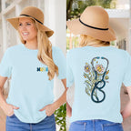 Nurse Graphic Shirts for Women Boho Floral Nurse Life T Shirt Stethoscope Oversized Graphic Tees Nurses Day Gifts Light Blue