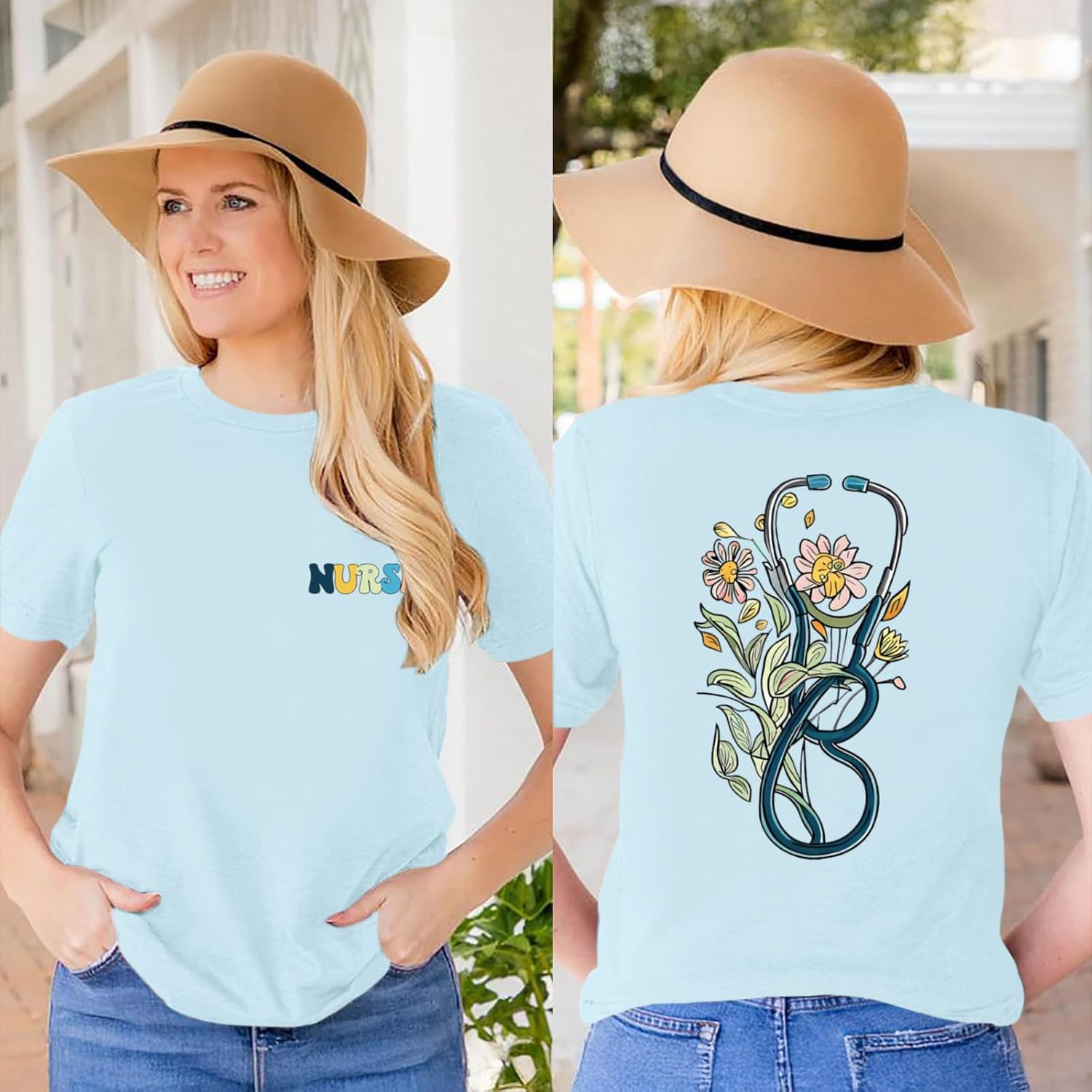 Nurse Graphic Shirts for Women Boho Floral Nurse Life T Shirt Stethoscope Oversized Graphic Tees Nurses Day Gifts Light Blue