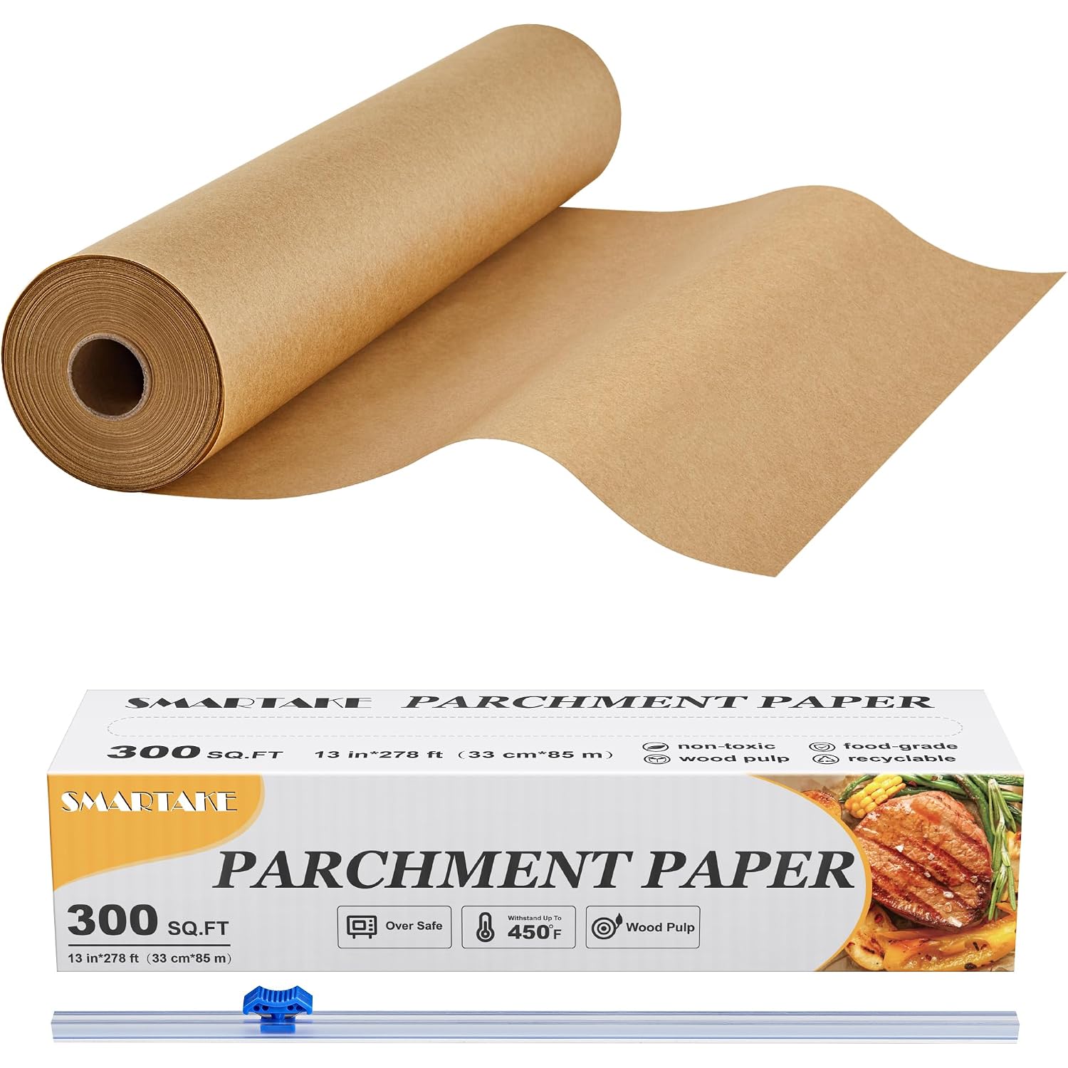 Smartake Parchment Paper Roll For Baking, 13 In X 278 Ft, 300 Sq.Ft, Non-Stick Baking Paper Sheets With Slide Cutter, Heavy Duty Extra Long, For Kitchen Baking Cooking Grilling Steaming, Unbleached
