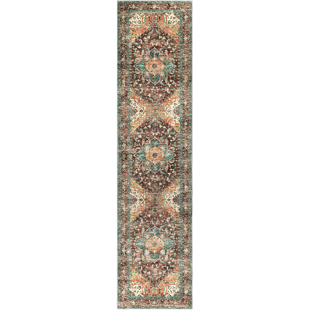 Yamaziot Washable Runner Rug, 2x8 Non-Slip Boho Vintage Hallway Rug Runner with Rubber Backing, Stain Resistant & Low Pile Faux Wool Distressed Carpet Runner for Bedroom, Kitchen, Laundry, Entrance