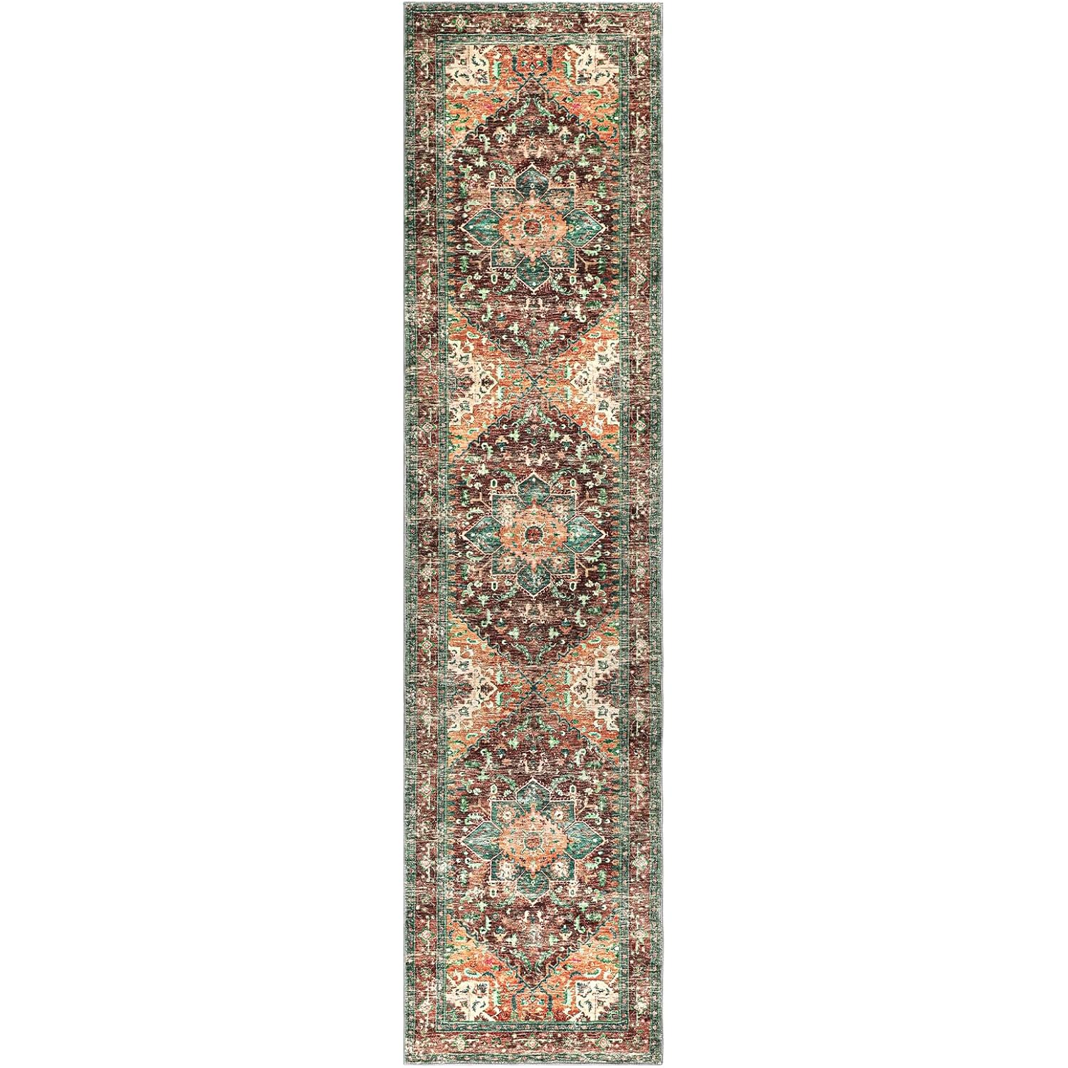 Yamaziot Washable Runner Rug, 2x8 Non-Slip Boho Vintage Hallway Rug Runner with Rubber Backing, Stain Resistant & Low Pile Faux Wool Distressed Carpet Runner for Bedroom, Kitchen, Laundry, Entrance