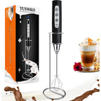 YUSWKO Black Handheld Milk Frother Wand with Stand for Coffee, Rechargeable Electric Whisk with 3 Heads 3 Speeds Drink Mixer Coffee Frother For Latte, Cappuccino, Hot Chocolate, Egg