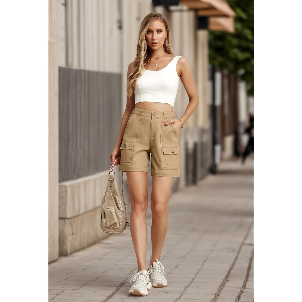 Cargo Shorts for Women Baggy Casual Elastic Waist Shorts Relaxed Fit Stretch Cargo Shorts with 6 Pockets