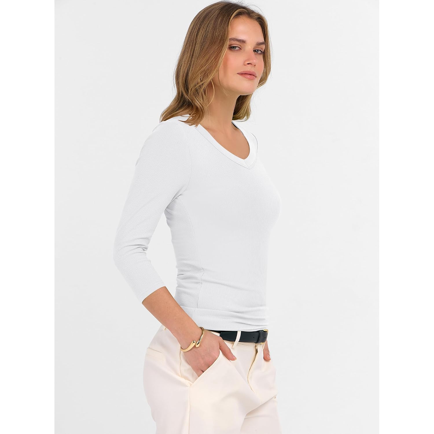 ANRABESS Womens 3/4 Length Sleeve Ribbed Knit Tops&Shirts, V Neck Slim Fit Soft Medium Stretch, Summer Casual Basic Outfits