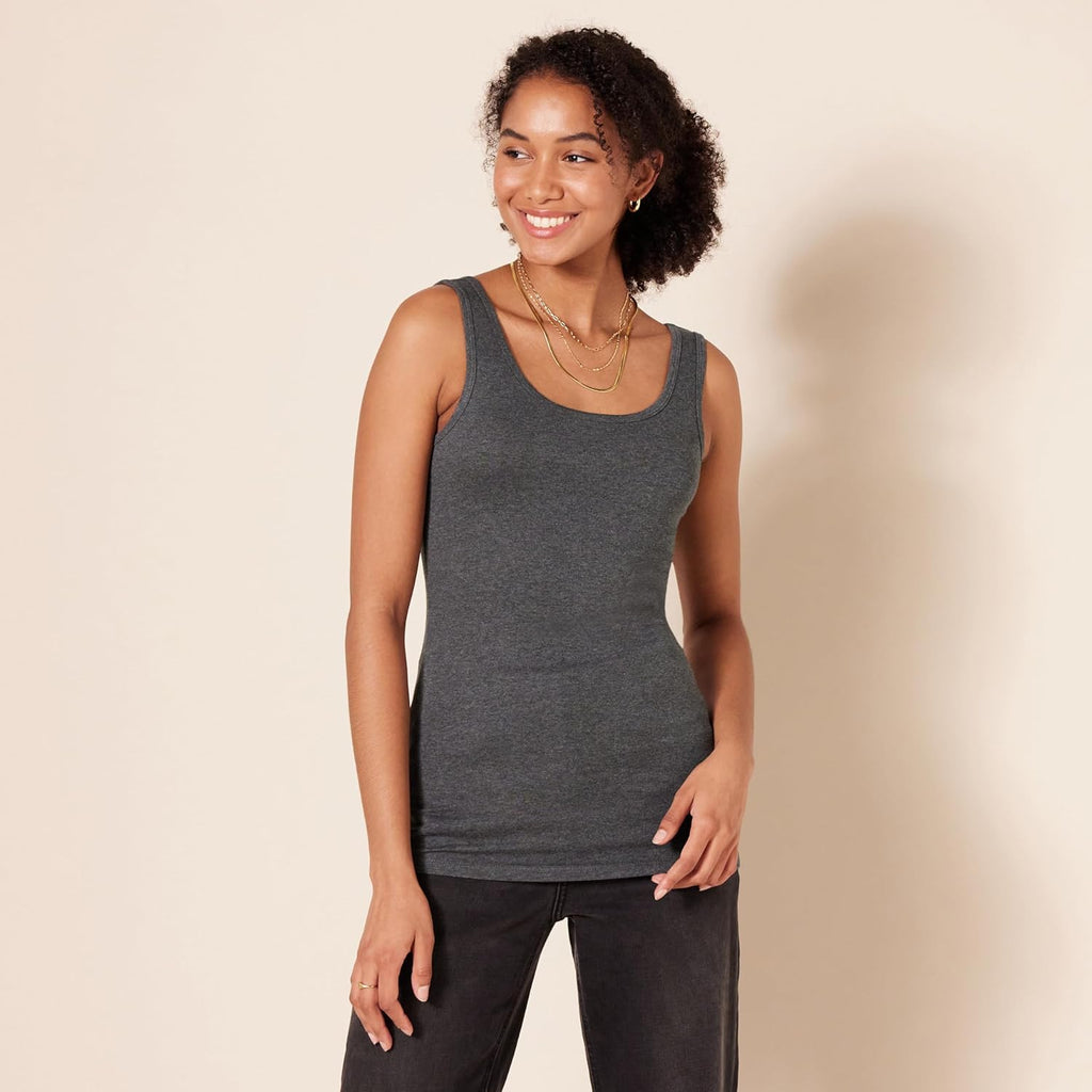 Amazon Essentials Women's Slim-Fit Scoop Neck Tank Top, Pack of 2, Charcoal Heather, Large