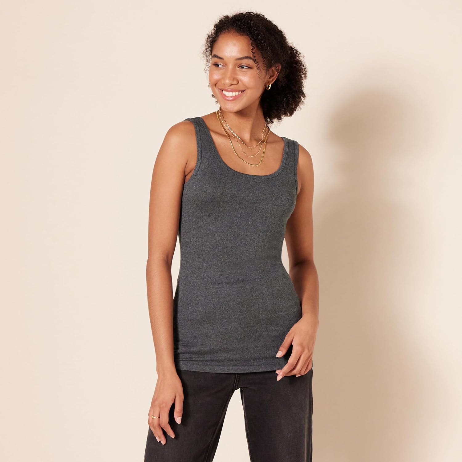 Amazon Essentials Women's Slim-Fit Scoop Neck Tank Top, Pack of 2, Charcoal Heather, Large