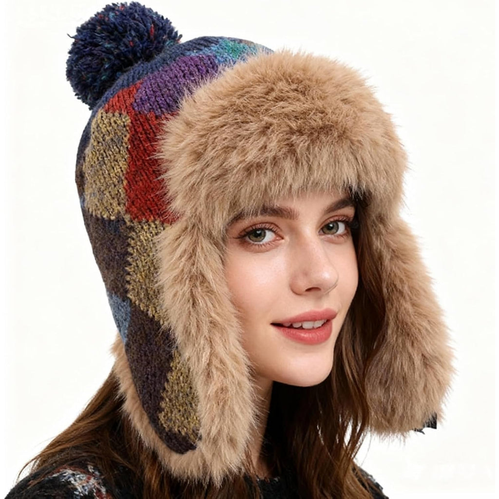 Women's Winter Trapper Hat, Knit Ear Flap Beanie with Faux Fur Lining & Pom, Windproof Ski Snow Cap