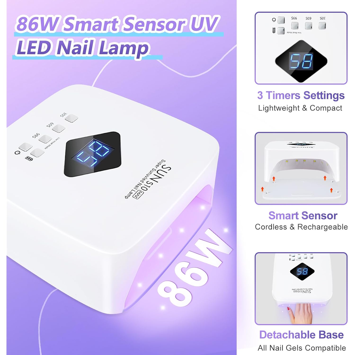 LKE Cordless Rechargeable UV Nail Lamp, 86W UV Light for Gel Nails with 3 Timer Setting Display Auto Sensor, Professional Quick Dry for Salon & Home Use
