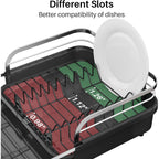 SNTD Dish Drying Rack, Expandable Dish Rack for Kitchen Counter, Stainless Steel Dish Drainer with Drainboard Set and Utensil Holder (Black)