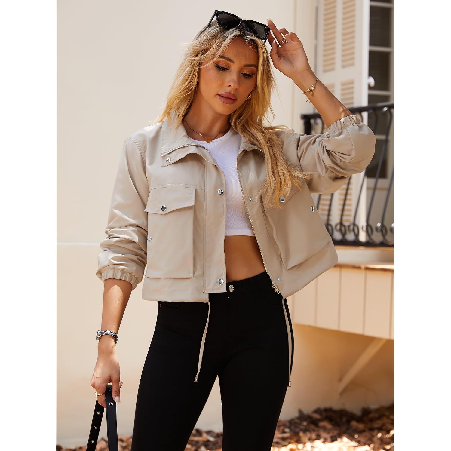 Womens Cropped Bomber Jacket 2026 Trendy Zip Up Lightweight Utility Anorak Coat With Pockets
