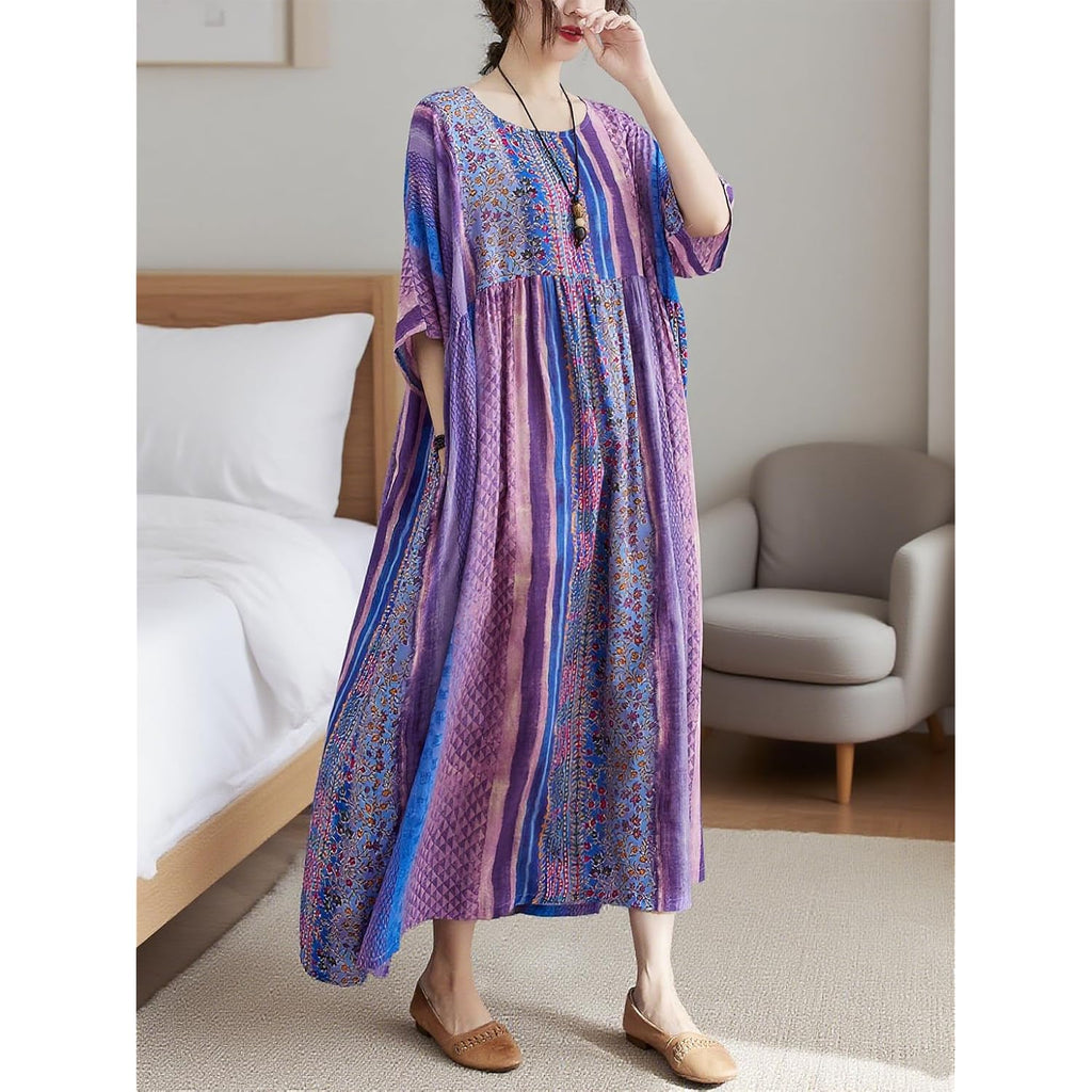 Women Summer Dress With Pockets Plus Size Boho Floral Print Round Neck Loose Casual Flowy Dress