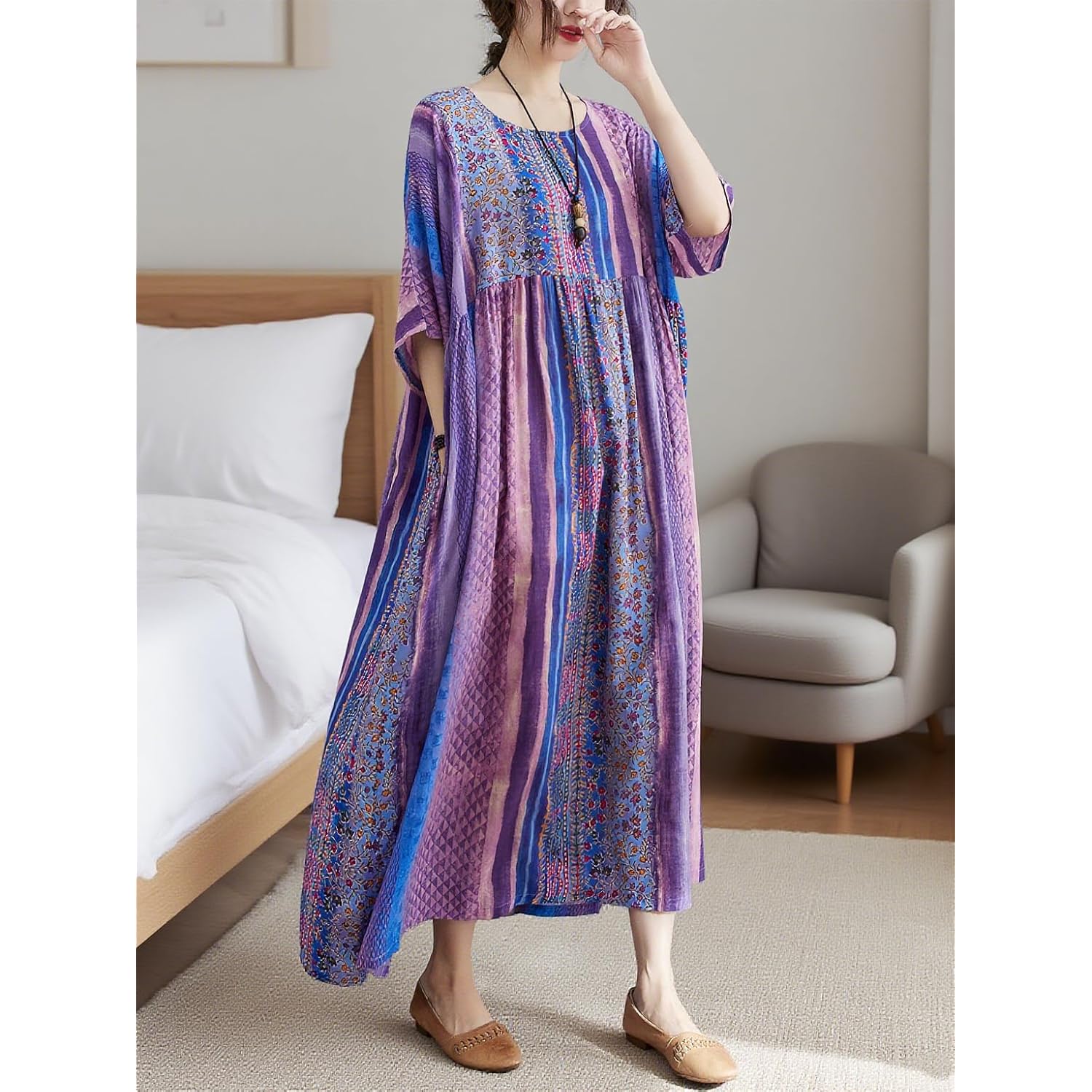 Women Summer Dress With Pockets Plus Size Boho Floral Print Round Neck Loose Casual Flowy Dress