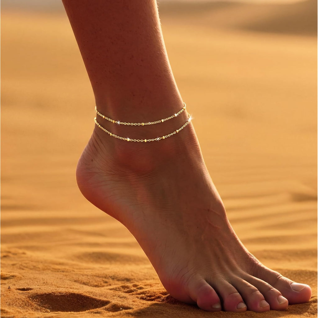 DEARMAY Dainty 14K Gold Plated Ankle Bracelets for Women, Waterproof 14K Gold Plated Link Chain Anklets Non Tarnish Set Pack Summer Beach Jewelry Gift