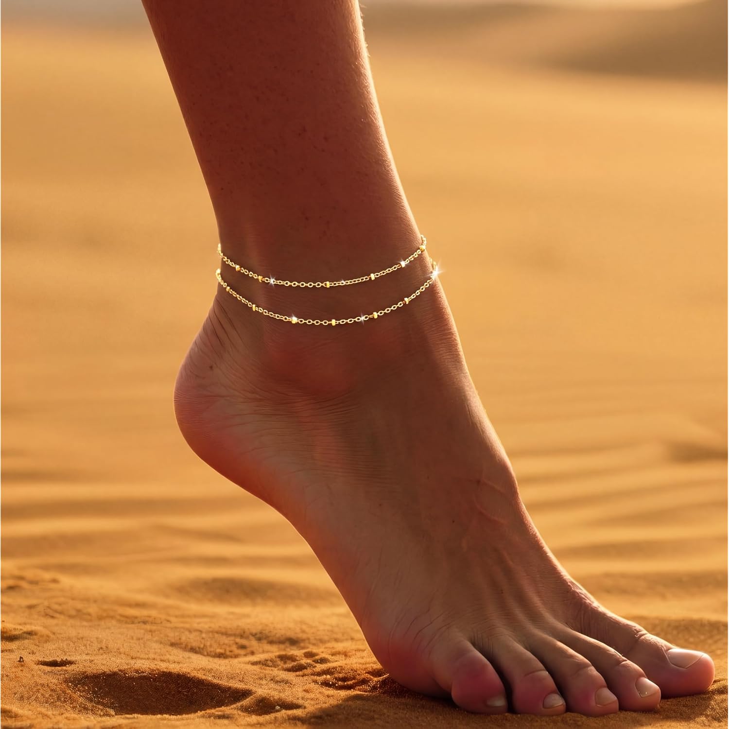 DEARMAY Dainty 14K Gold Plated Ankle Bracelets for Women, Waterproof 14K Gold Plated Link Chain Anklets Non Tarnish Set Pack Summer Beach Jewelry Gift