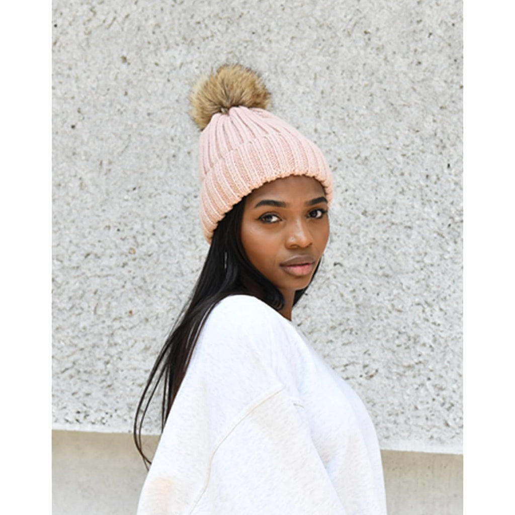 Furtalk Womens Winter Beanie Hat Satin Lined Faux Fur Pom Pom Beanies Hat For Women Winter Warm Knit Hats