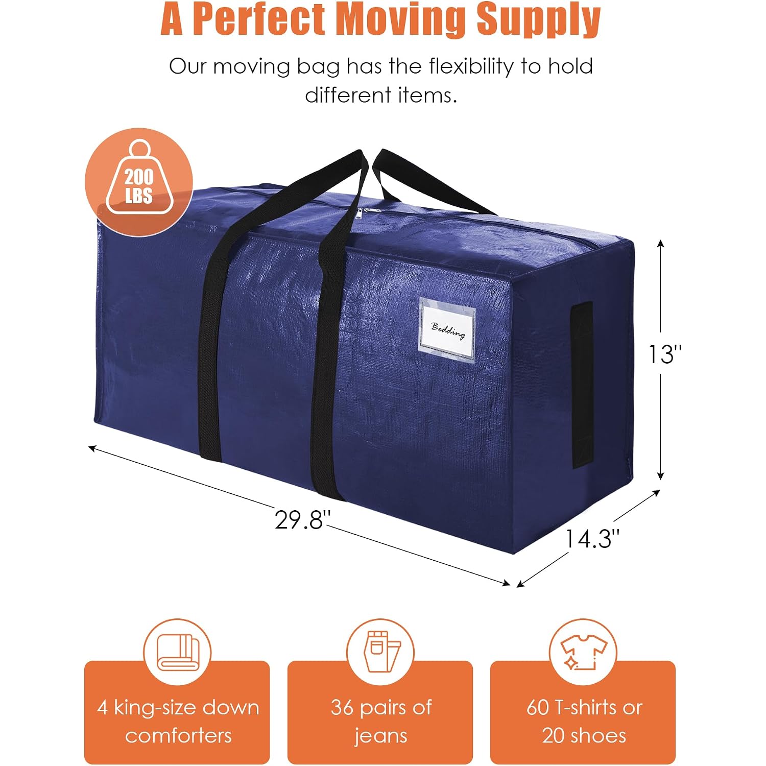 Sweet Dolphin 8 Pack 200Lb Heavy-Duty Moving Bags With Wrap-Around Handles, Extra Large Storage Totes For Space Saving, Clothes Storage Bags, College Dorm Essentials, Blue, 24 Gal