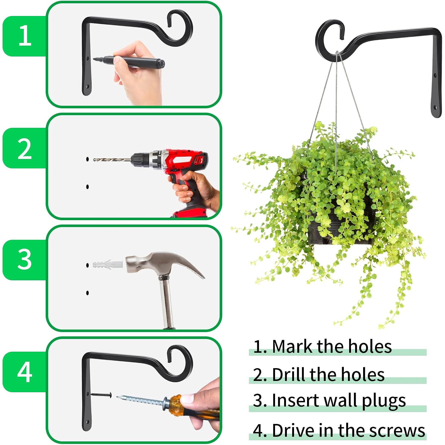 Plant Hangers Outdoor, 2 Pack 6 Inch Plant Hooks For Wall Hanging Plants | Metal Hanging Plant Bracket. Holds Up To 44 Lbs. For Hanging Plants, Bird Feeder, Flower Basket, Wind Chimes, Indoor Outdoor