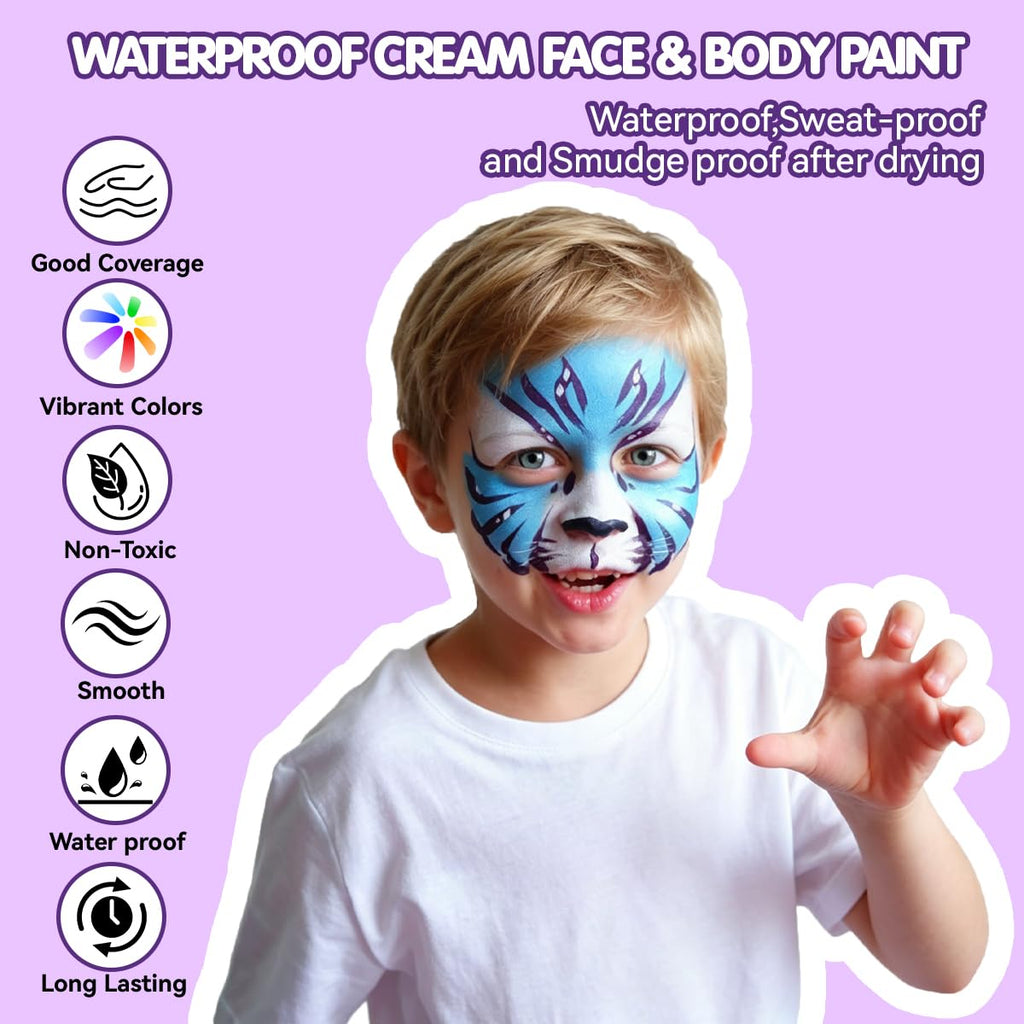 Bowitzki 12 Color Face Paint Set Waterproof & Smudge Proof, Sweatproof Cream Body Face Painting Makeup For Halloween, Carnival, Cosplay Party