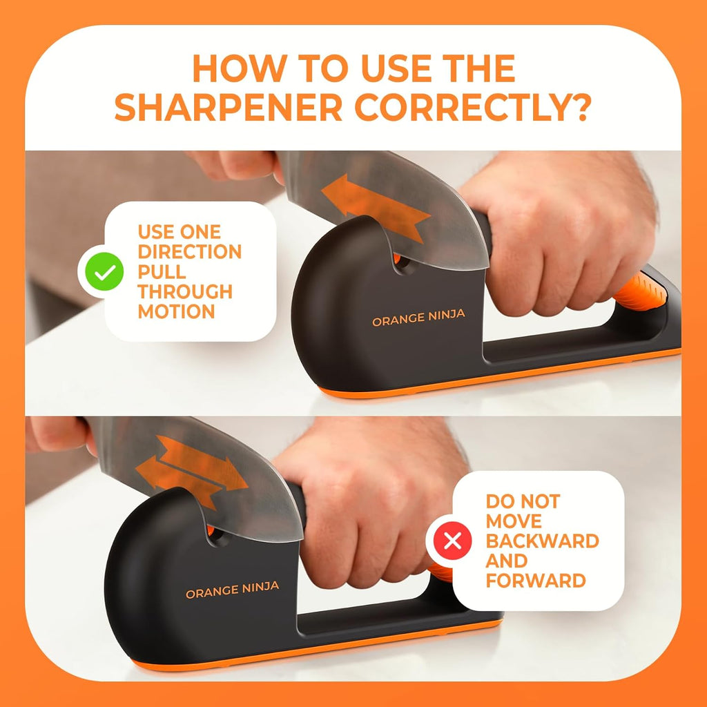 Orange Ninja 4-Stage Knife Sharpener & Serrated Knife Sharpener– Repairs, Sharpens & Polishes Blades With Ergonomic Non-Slip Grip