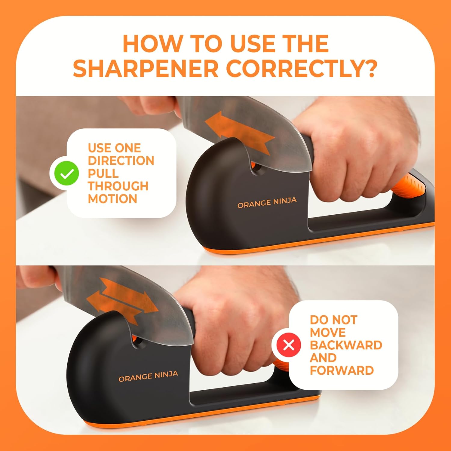 Orange Ninja 4-Stage Knife Sharpener & Serrated Knife Sharpener– Repairs, Sharpens & Polishes Blades With Ergonomic Non-Slip Grip