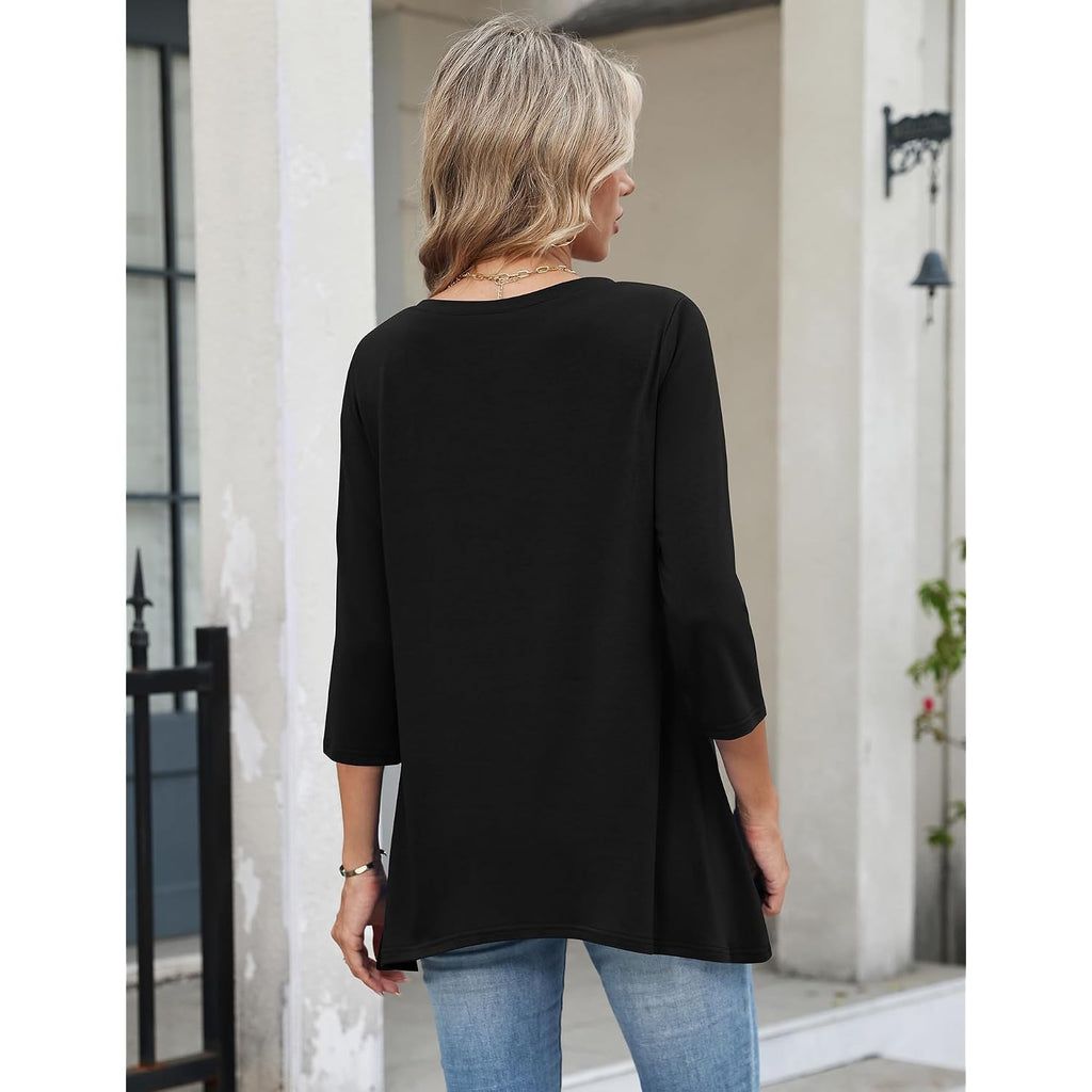 3/4 Length Sleeve Womens Tops V Neck Loose Fit Dressy Casual Blouse Flowy Shirts Plus Size Womens Clothing S-3Xl