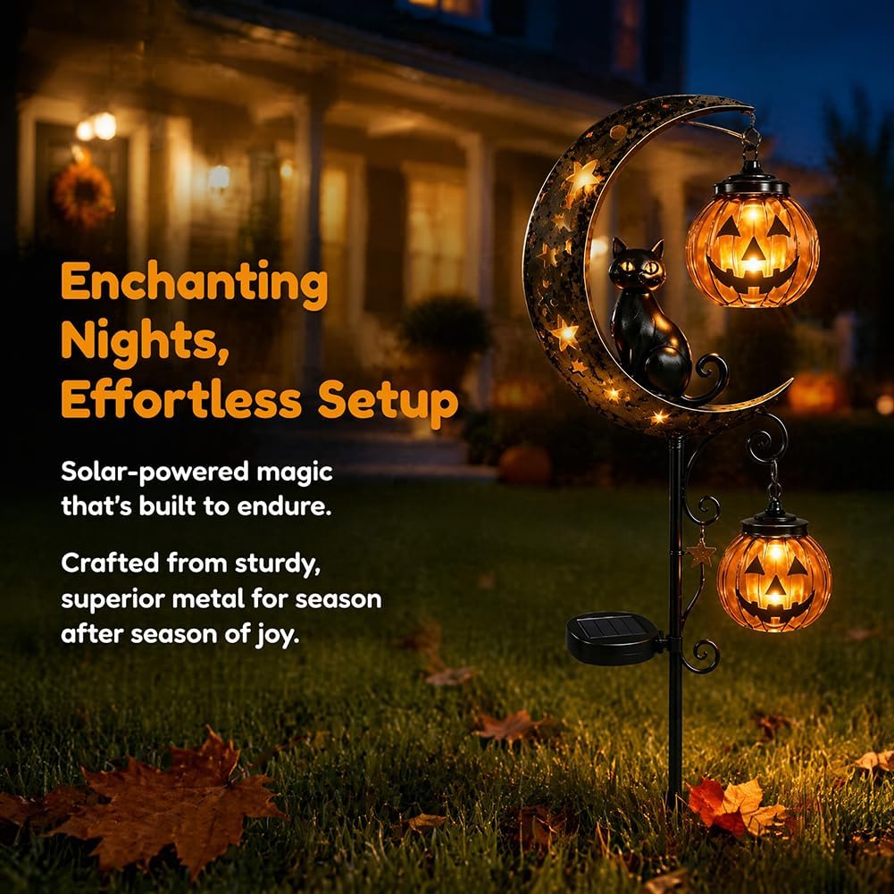 Solar Halloween Black Cat & Pumpkin Moon Garden Stake Light, Outdoor Waterproof Led Yard Decoration With Crescent Moon, Hanging Jack-O'-Lantern Lantern For Garden, Patio, Walkway, Porch (Style C)