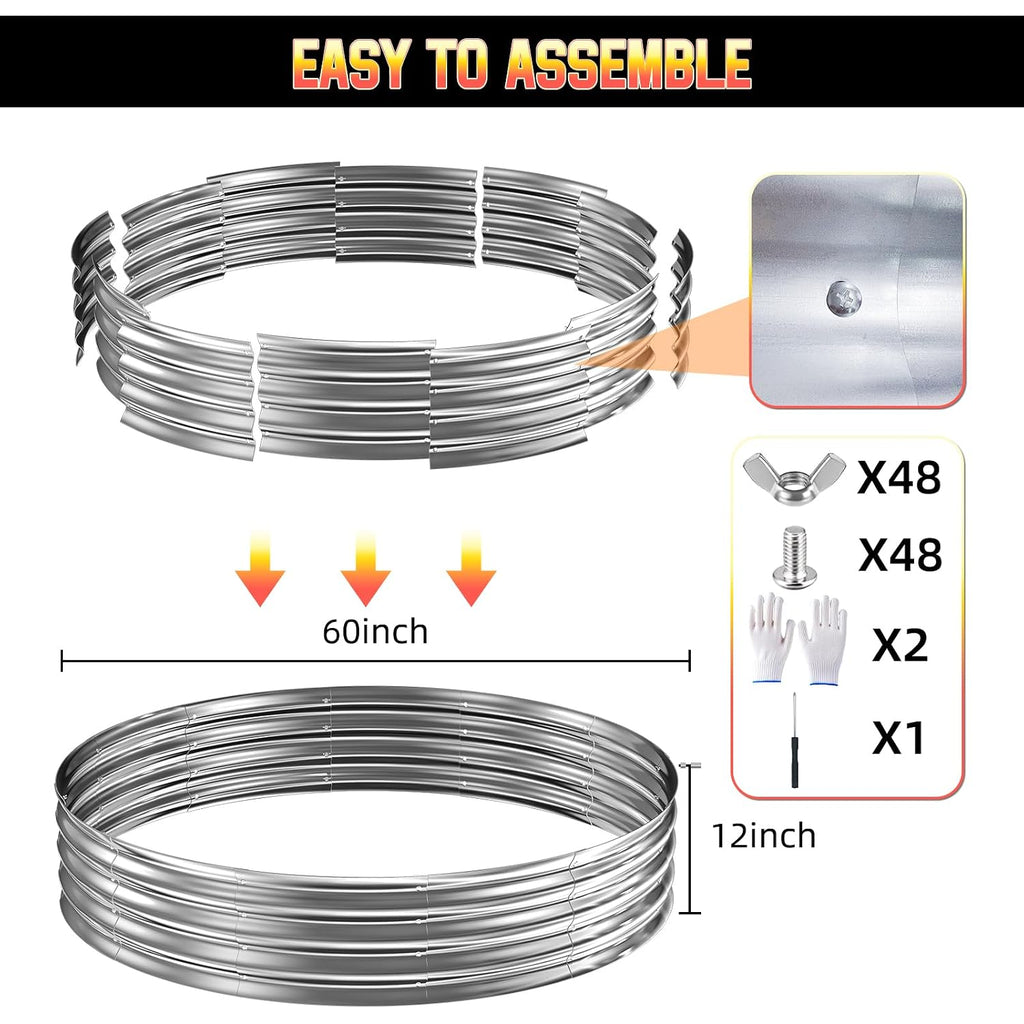 60 Inch Fire Pit Ring 5Ft Galvanized Steel, 12" Raised Heavy Duty Wood Burning Fire Pits&Outdoor Fireplace, Heat Resistant Campfire Ring With Spark Guard, For Outdoor Backyard, Patio & Camping Use