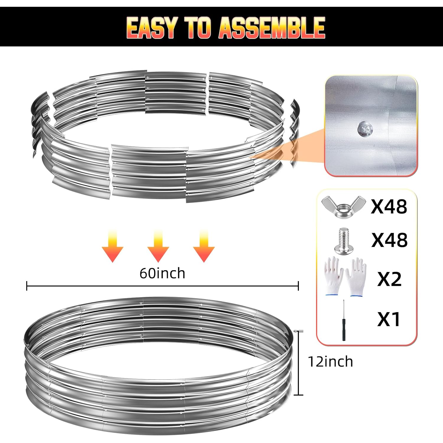 60 Inch Fire Pit Ring 5Ft Galvanized Steel, 12" Raised Heavy Duty Wood Burning Fire Pits&Outdoor Fireplace, Heat Resistant Campfire Ring With Spark Guard, For Outdoor Backyard, Patio & Camping Use