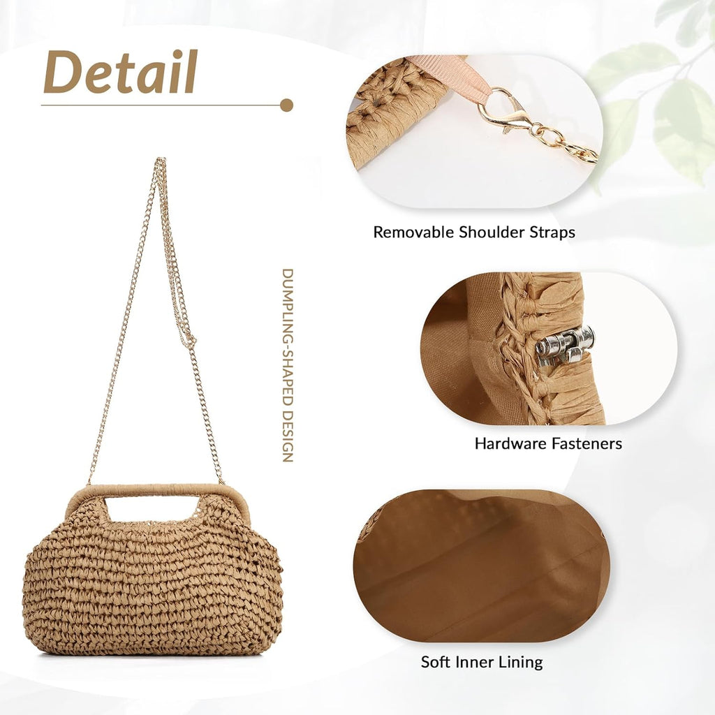 Straw Dumpling Clutch Bag, Summer Beach Bag, Woven Straw Tote Clutch Purse For Women, Vacation Evening Bags