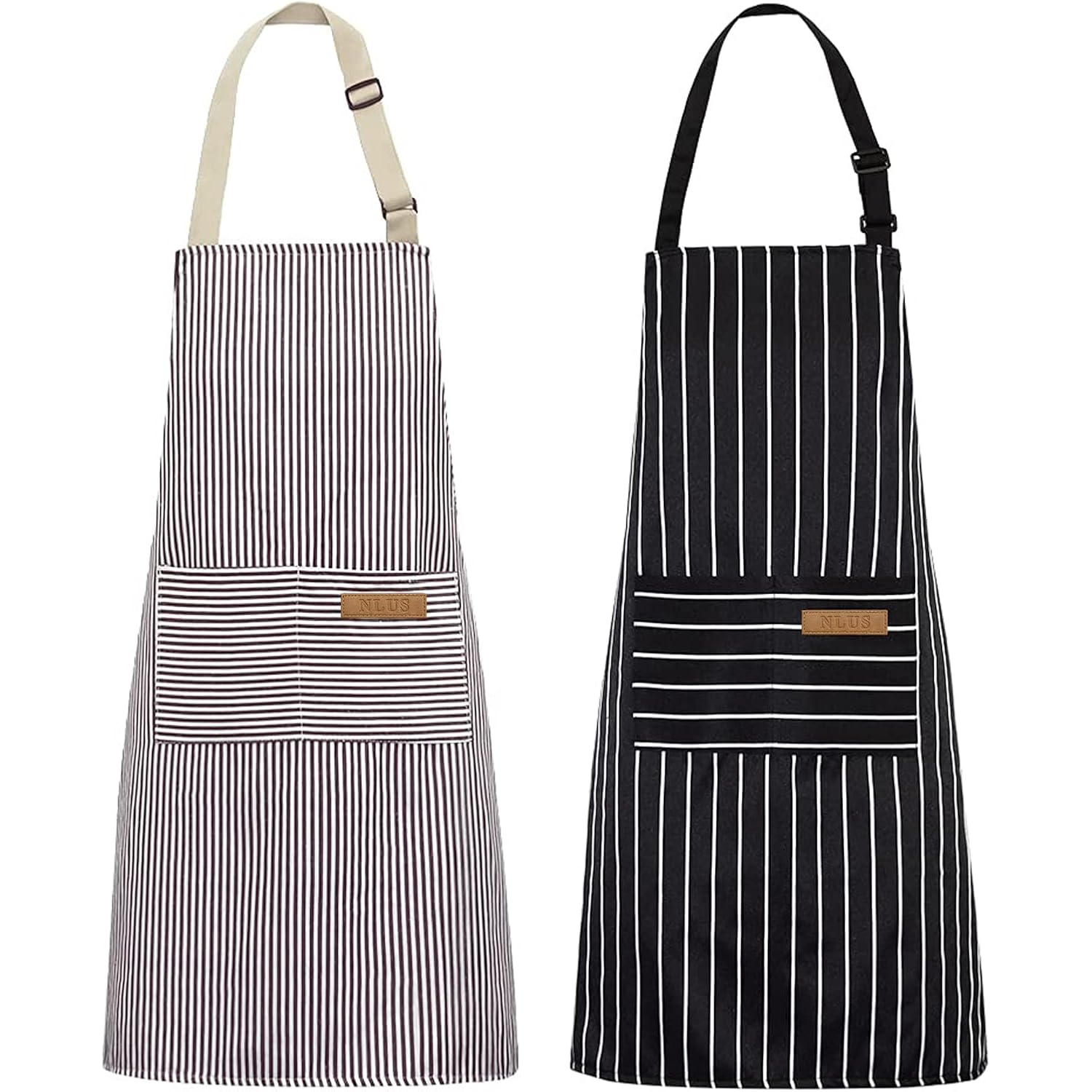 2 Pack Kitchen Cooking Aprons, Adjustable Bib Soft Chef Apron With 2 Pockets For Men Women(Black/Brown Stripes)