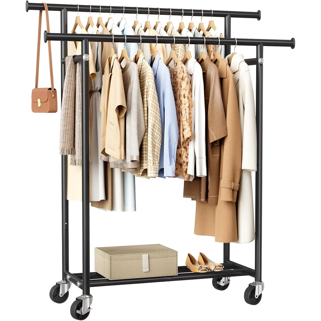 Hyseyy Clothes Rack, Double Rods Rolling Clothing Rack For Hanging Clothes, Portable Garment Rack With Wheels, Coat Rack Wardrobe Closet Load 240 Lbs For Bedroom Laundry Room (Black, L)