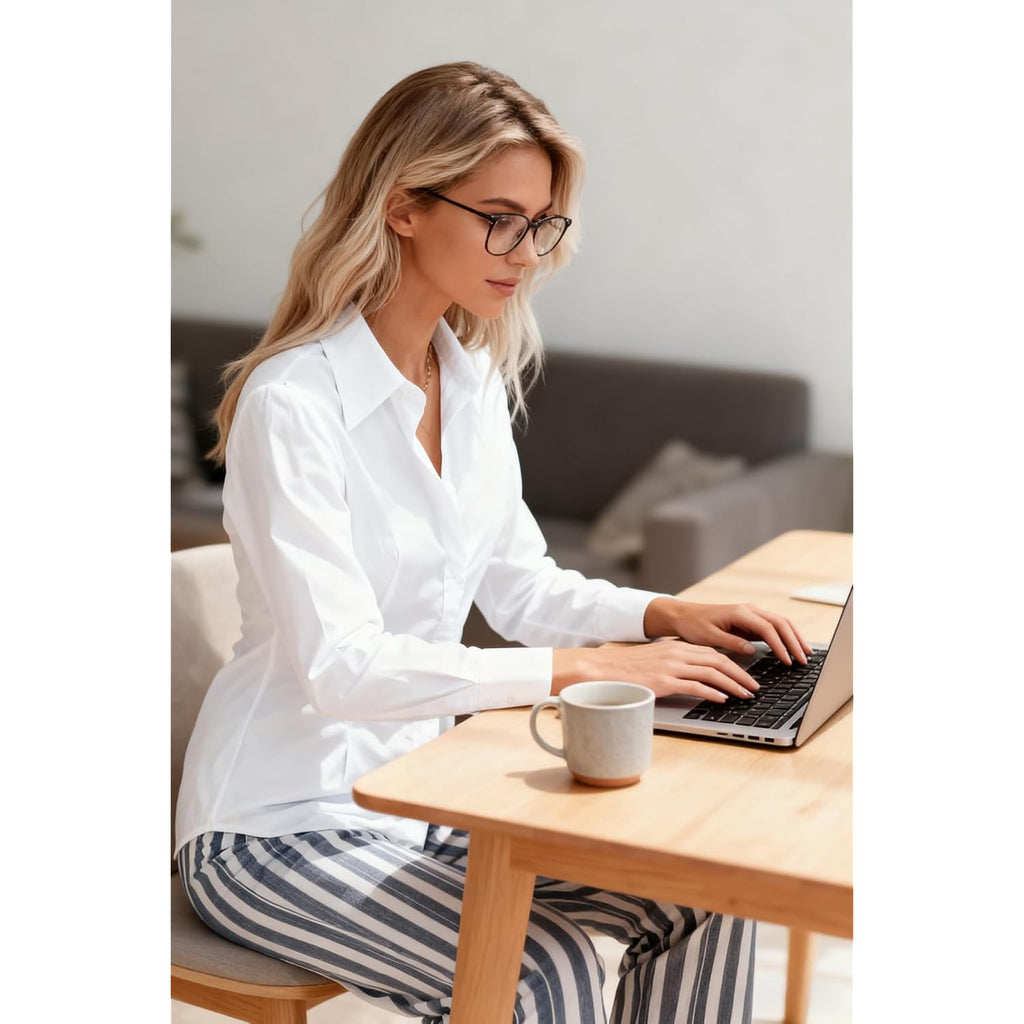 Women'S Button Down Long Sleeve Fitted Stretch Dress Shirts Wrinkle Free Work Blouses Collared Business Casual Tops