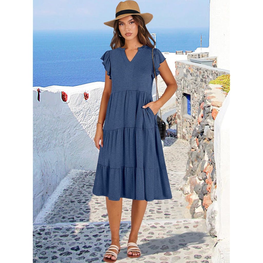 Anrabess Womens Summer Dress Ruffle Sleeve V Neck Midi Dresses Fashion Casual Fit Flowy Tiered Boho Beach Vacation Sundress