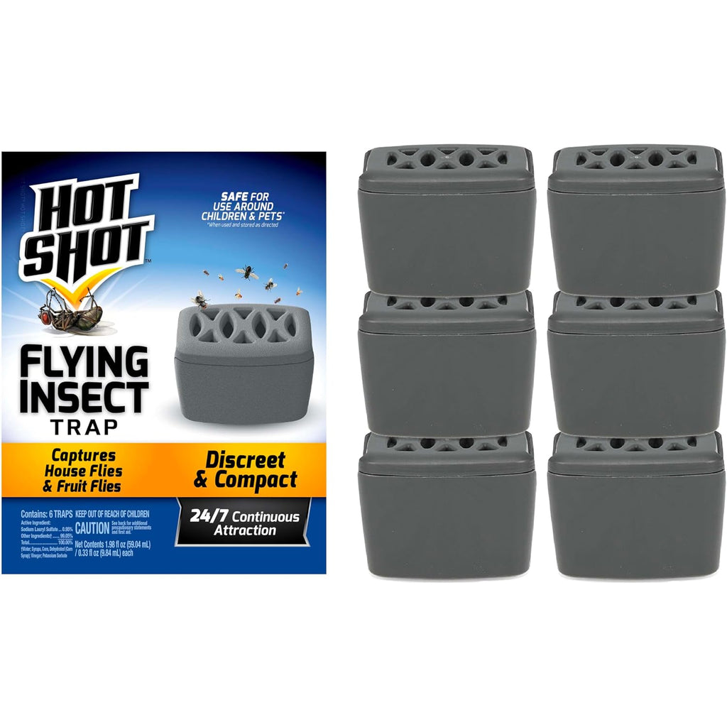 Hot Shot Flying Insect Trap, Discreet, Hassle-Free Trap Attracts, Captures House And Fruit Flies, 24/7 Continuous Attraction, No Plug-In Or Electricity Needed, 6 Count 984Ml Each, 0.2 Kilograms